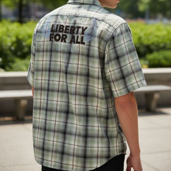 7 DIAMONDS Green Plaid Men's Button Down Short Sleeve Freedom Shirt XXL - Picture 2 of 7